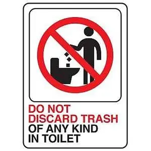 Hy-Ko D-25 Deco Sign, DO NOT DISCARD TRASH OF ANY KIND IN TOILET, White Background, Plastic, 7 in H x 5 in W Dimensions