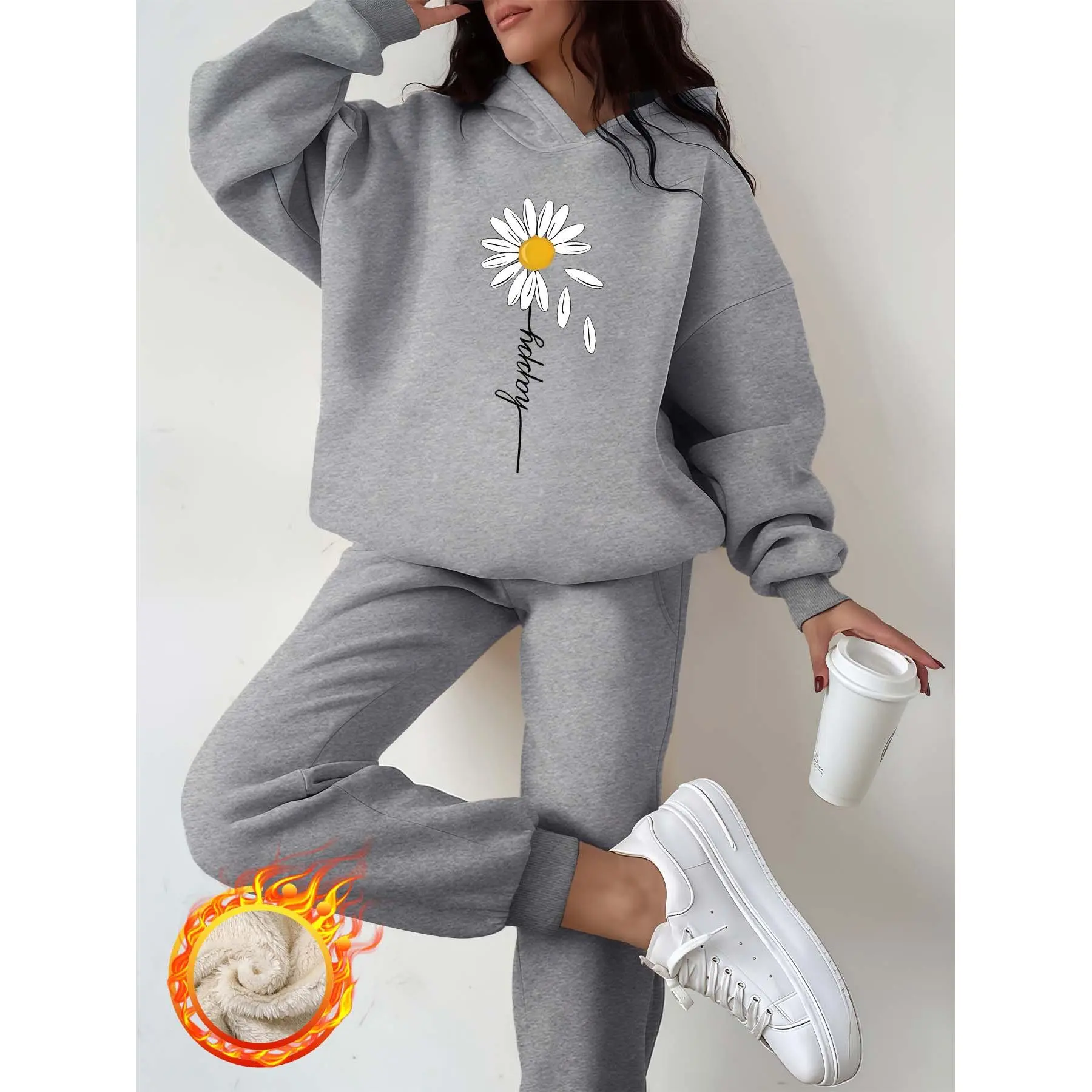 Fashion Casual Hoodie Sweatpants Set for Women Long Sleeve Light Gray Fleece-Lined Thick Trendy Hoodie with Daisy & Happy Letter Print on Chest Womenswear Clothes Fitted