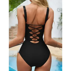 One-PieceSwimsuit: Plunging V Neck Sculpting TummyControl Bathing Suit swimwear with Adjustable Lace-Up Back Statements swimsuit backless#SpringStatement#SpringGlowUp beach holiday bikini  bottom beachwear swim bodysuit shoulder seafancy sexy pool Women's