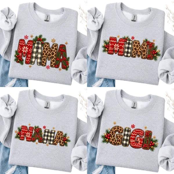 Mama Mimi Nana Gigi Christmas Sport Grey Sweatshirt, Forest Green Plaid Leopard Letter Crewneck, Festive Family Holiday Pullover, Grandma Mom Gift – Hype