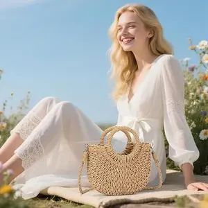Fashionable Beach Bags Boho Shoulder Handbag,Solid Color Straw Woven Crossbody Bag Summer Handle Purse for Women