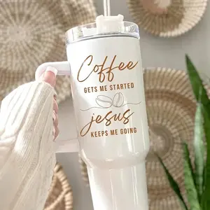 Coffee Gets Me Started Jesus Keeps Me Going Tumbler, 40oz Christian Faith Travel Mug With Handle & Straw, Religious Spiritual Graphic Cup Gift For Women Mom Her, Double Wall Insulated Stainless Steel Mug, A Meaningful Gift For Those With Deep Faith