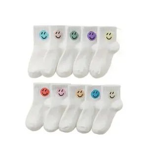10-Pair Pack Children'S Happy Face Comfortable Tube Socks, Polyester and Spandex Blend, Hand Wash Only, Solid Color, Knit, All-Season Crew Socks Kids Aged 12 and Under