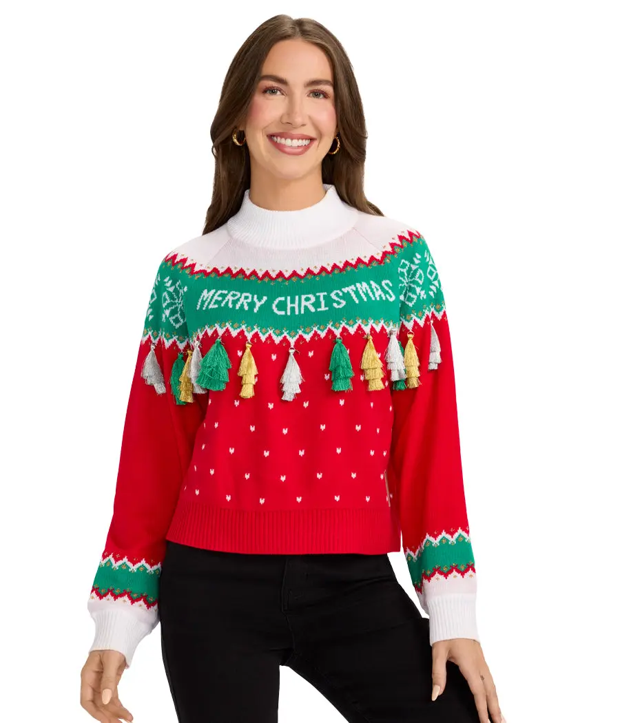 Women's Merry Christmas Tassel Turtleneck Cropped Sweater Women's Merry Christmas Tassel Turtleneck Cropped Sweater