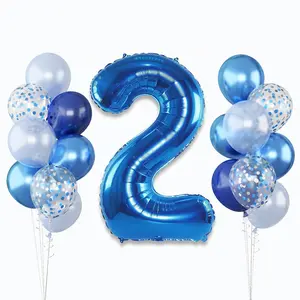Foil Number Balloons - 2Nd Birthday, Pastel Helium Balloons, 40 Inch, Navy, Dark Blue, Silver Confetti, Self Inflating, Big Two, Boys' Birthday Party Decor