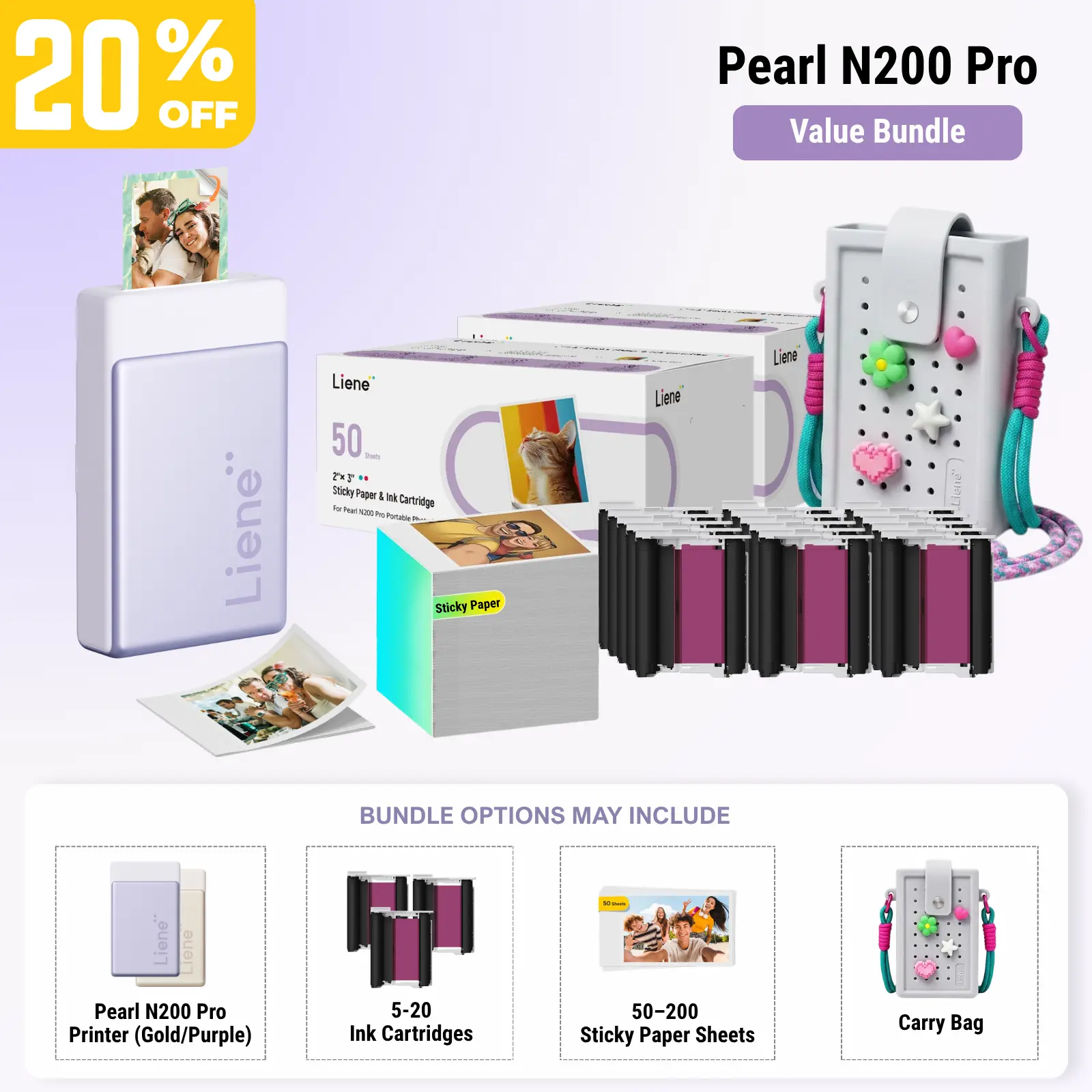 Liene Pearl N200 Pro Lightweight Portable AI-Enhanced Wireless Sticker Thermal Printer Bundle, 2x3 In Adhesive Paper & Ink Cartridges, Bluetooth Thermal Dye Sublimation Printer, CCD Camera, Back to School Haul Gift Idea, tiktokshopfalldealsforyou