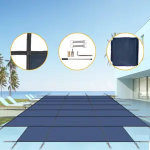16x32ft Rectangular Inground Winter Pool Safety Cover with 4x8ft Center End Step, Blue Mesh Polypropylene, Triple-Stitched High-Strength, Rain-Permeable, Adjustable Rope, Concrete Anchor & Hardware Kit