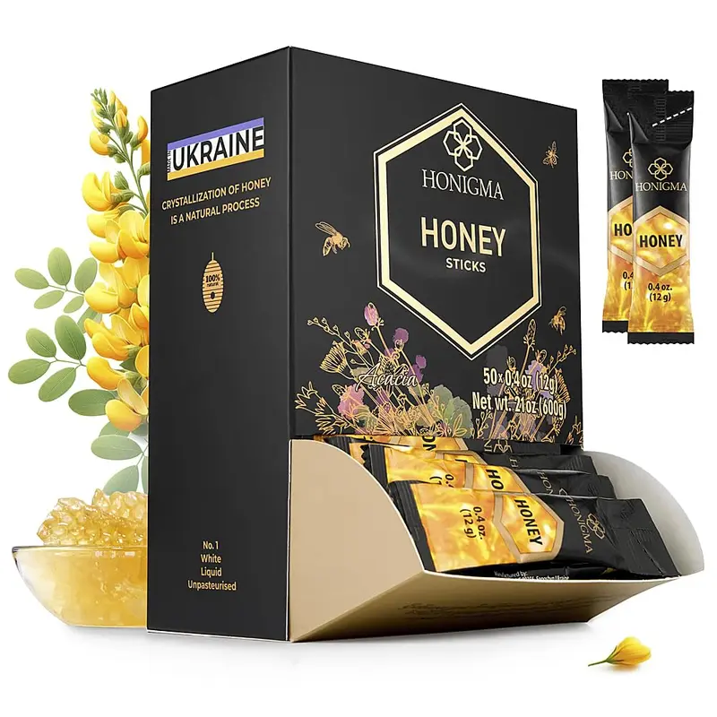 HONIGMA Deliciously Sweet Acacia Honey Sticks - 50 Count (12g each) | Pure Ukrainian Honey | Sustainably Sourced | Bursting with Flavor & Health Benefits