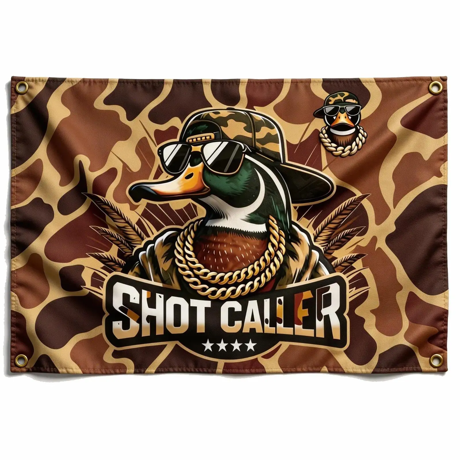 Premium Synthetic Camo Shot Caller Flag - 3x5 ft Duck Figure Tapestry, Outdoors Hunting Banner, Man Cave Wall Decor