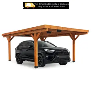 【5/7 Packages arrived at different times】YODOLLA 17ft x 12ft All Cedar Wooden Gazebo Pavilion with Hard Top Slant Roof,Wood Heavy Duty Carport Garage Outdoor Gazebo Wood Pergola, Coffee, for Patios, Garden, Backyard