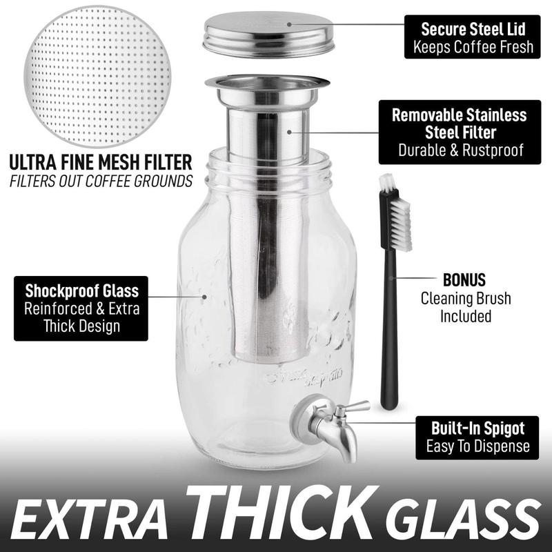 Zulay Kitchen Cold Brew Coffee Maker - 1.5L Reusable Glass Pitcher with Steel Filter Lid, Airtight Design for Coffee and Tea