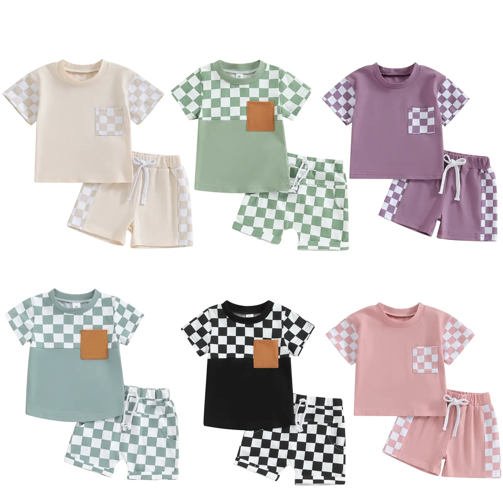 Toddler Baby Boy Summer Clothes Cute Checkerboard Contrast Color Short Sleeve Pocket T Shirt Tops Elastic Waist Shorts Two Piece Outfits