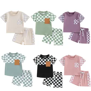 Toddler Baby Boy Summer Clothes Cute Checkerboard Contrast Color Short Sleeve Pocket T Shirt Tops Elastic Waist Shorts Two Piece Outfits