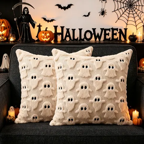 DEIKAL Set of 2 18x18 in Classic Soft Square Polyester Halloween Cushion Covers, Ghost Plush Faux Fur Cases, Holiday Decorations for Sofa, Bedroom Decorating for Halloween Home Supplies