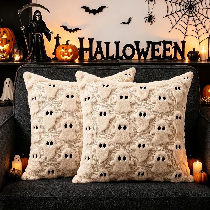 DEIKAL Set of 2 18x18 in Classic Soft Square Polyester Halloween Cushion Covers, Ghost Plush Faux Fur Cases, Holiday Decorations for Sofa, Bedroom Decorating for Halloween Home Supplies