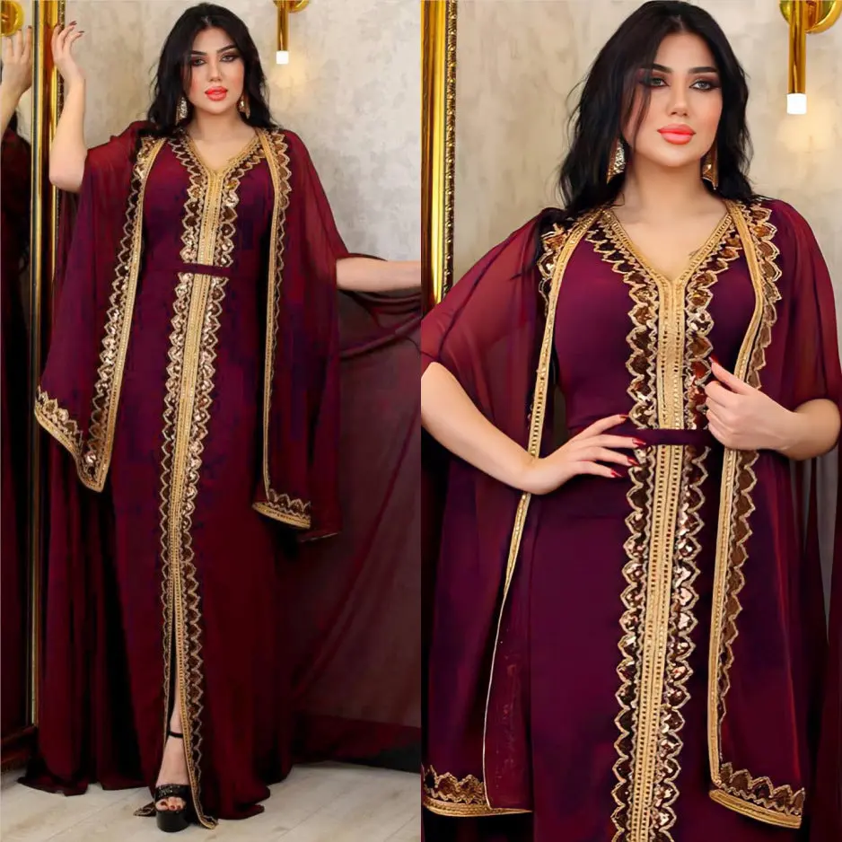 Women's Modest Sequin Abaya Cape Gown - M, Full Length, Flare Sleeves, Loose Fit, Shimmer Embroidery, Dubai Style Kaftan, Evening Wear, Cape Overlay, Available in Multiple Colors and Sizes