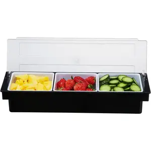 Condiment Serving Container 3 Compartment Chilled Garnish Tray Bar Caddy with Hinged Lid