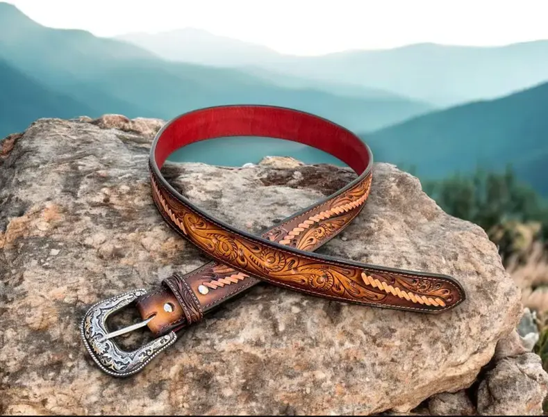 Genuine Leather Western Concho Belt with Tooled Embossing Stetson & THE GREAT. The Tooled Leather Concho Belt  main image 4