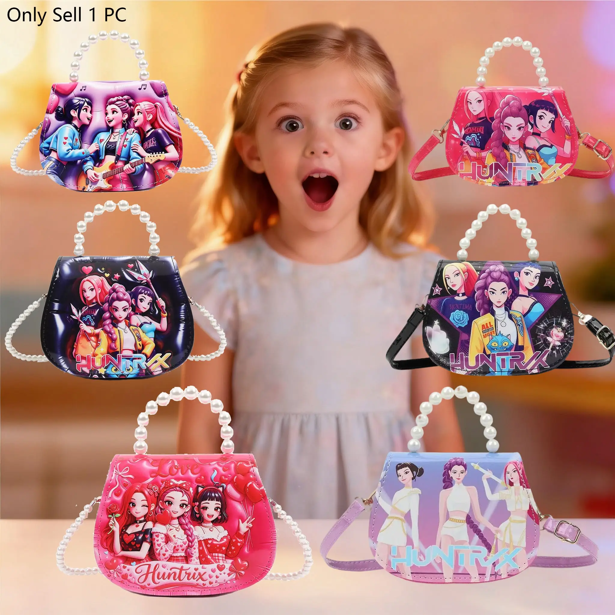 Cartoon Devil Hunting Girls Pearl Chain Handbag,Eye-catching Exorcism Girls Band Printed Shoulder Bag,Fashionable Children's Crossbody Bag,Mini Postman Bag,Cosmetic Storage Bag,Very Suitable For Girls' Daily And Party Use,Cute Birthday Gift.