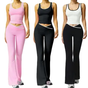 Women's Black Crop Tank Top & Flare Leg Pants Tracksuit Set - Wide Strap Sleeveless Top & Fold-Over Yoga Trousers for Indoor Outdoor Wear Lightweight Compression Activewear Athleisure Summer Clothes