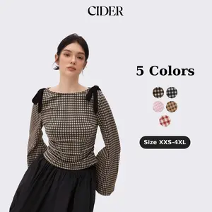 Cider Boat Neck Gingham Bowknot Ruched Long Sleeve Top