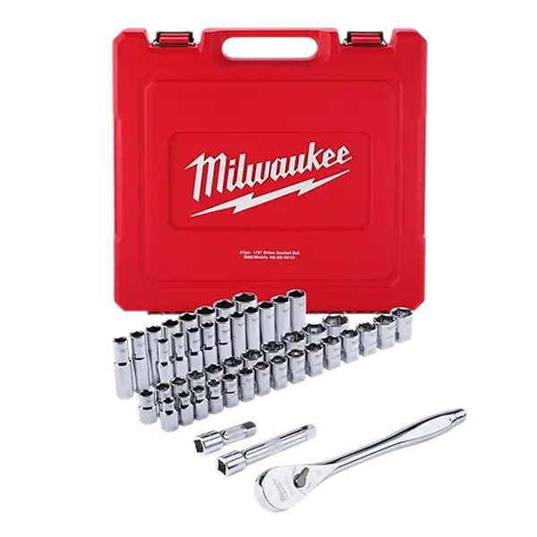 Milwaukee 48-22-9010 47pc 1/2" Drive Metric & SAE Ratchet & 4 FLAT Side Sockets