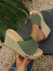 Women's Braided Rope Platform Mules, Vacation Style Slip-On Sandals, Thick Sole, Summer & Spring, Fashionable Textile Upper, Rubber Sole