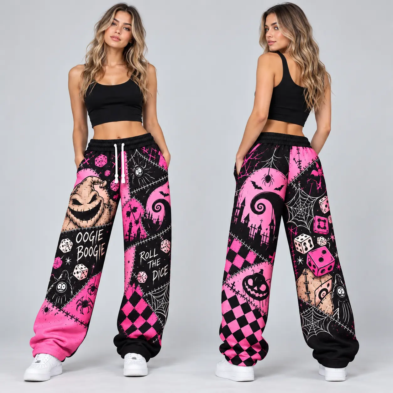 Halloween Unisex Loose Sweatpants, Spooky Dice Spider Web Graphic Jogger Pants, Neon Green Purple Pumpkin Patchwork Wide Leg Trousers, Oversized Gothic Horror Casual Pants, Halloween Outfit Gift Idea