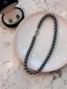 Elegant Sea Pearl Necklace Set, Joie Tahitian Platinum Jewelry Gift for Mom Girlfriend, High-End Earrings Included