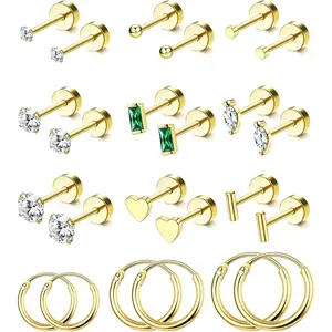 Trendy 14K Gold Plated Flat Back Stud Earrings for Women | Hypoallergenic Surgical Stainless Steel Earrings | Screw Back Earrings Sets for Multiple Piercing | Small Cartilage Earring Studs