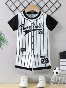 Boys' Striped Short Sleeve Set, Casual Fitted Tracksuit, All-Over Print Design, Perfect for Outdoor Activities & Daily Wear