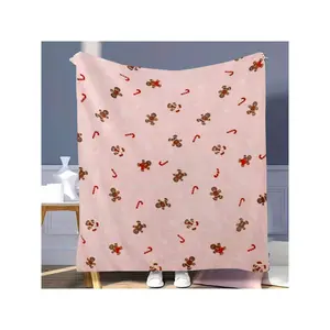 Cute Pink Christmas Gingerbread Man & Candy Cane Patterned Soft Throw Blanket