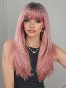 Fashionable Festival 24 Inch Long Straight Layered Pink Wigs with Bangs and Dark Roots, Synthetic Women's Wigs Suitable for Daily Use, Dance Parties or Cosplay Taking Photos, Synthetic Material Wigs