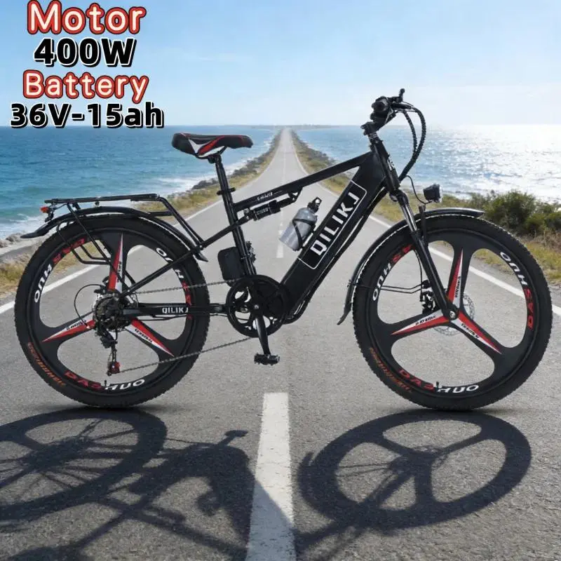 400W brushless motor two-wheeler 26-inch city road E-Bike, 36V-15AH lithium battery electric bicycle, adult leisure pedal bicycl