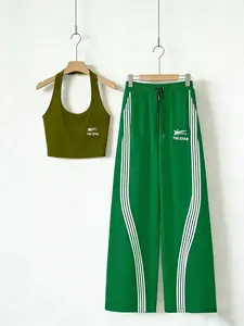2026 American Style Spice Babe Sportswear Set, Halter Short Tank Top + High Waist Wide Leg Pants, Streetwear for Sports, Music Festivals, Sporty Style Outfits