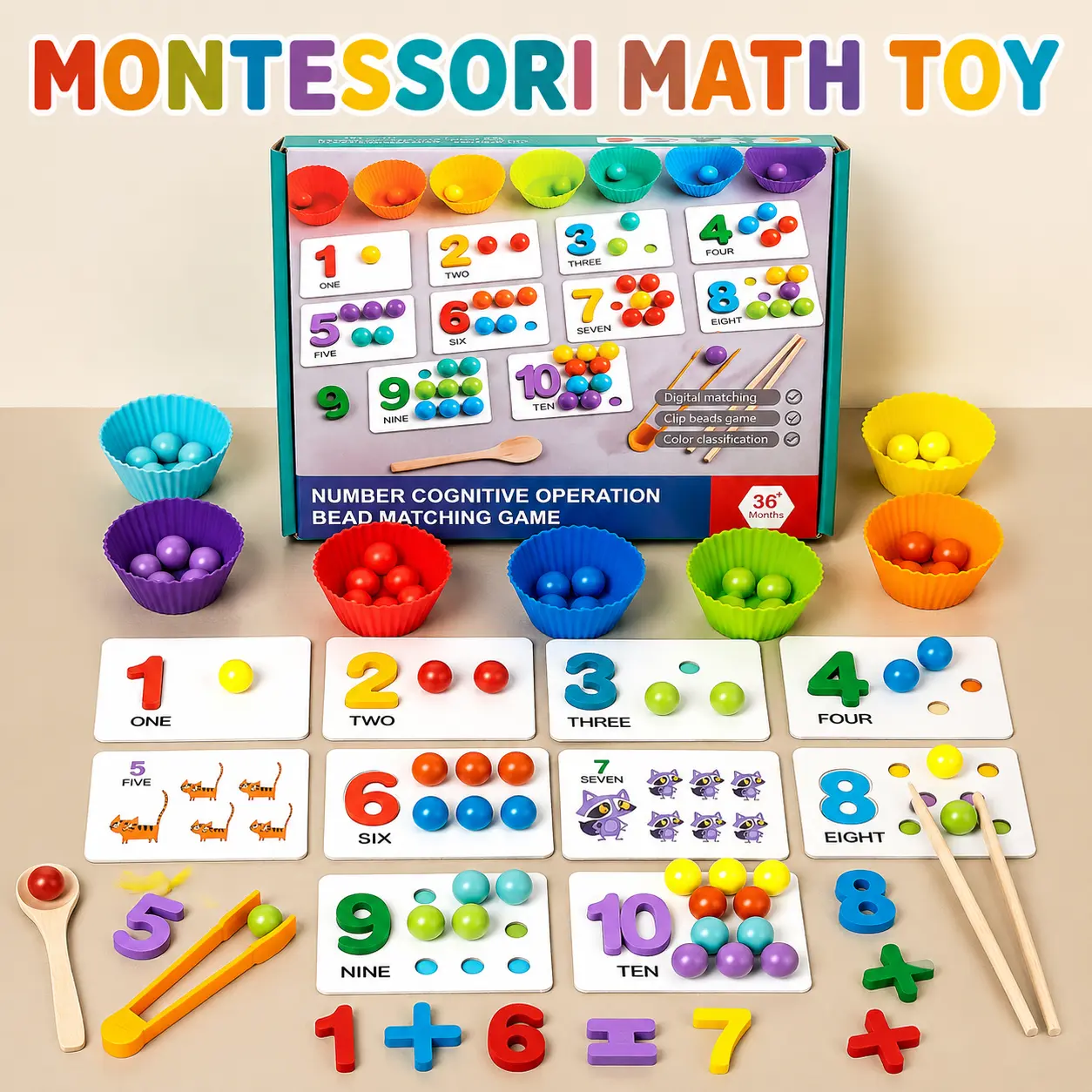 Unisex Colorful Montessori Math Learning Toy for Toddlers, Counting Beads Number Recognition Set, Color Sorting Fine Motor Skills Preschool Toy, Screen-Free Early Learning Gift for Kids Ages 3-6
