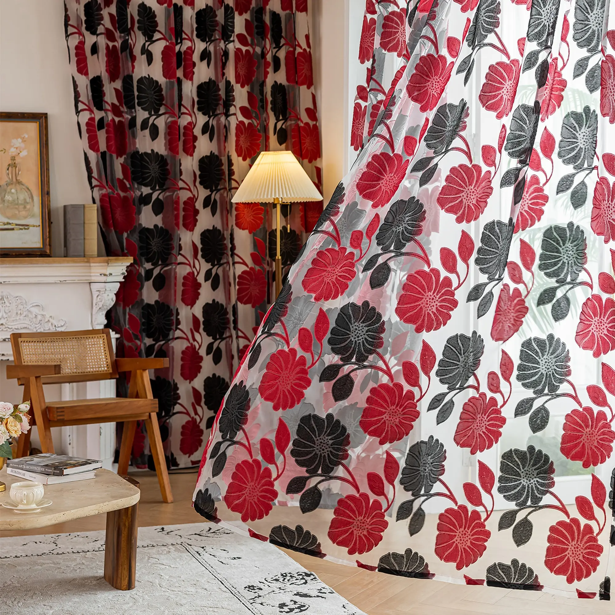 Modern Luxury Floral Print Blackout Curtain, Artistic Sunlight Blocking Drapes for Living Room Bedroom Balcony, Korean Style