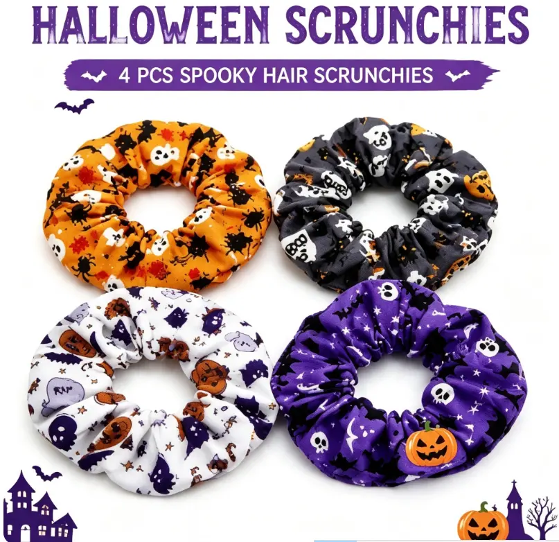 Women's Cute Halloween Themed Elastic Band Hair Scrunchies, 4 Counts/set Cute Hair Ties for Women & Girls, Colorful Trendy Novelty Goth Hair Styling Accessories for Party Hairstyle Decor Elastic Hair Bands, Fashionable Hair Accessories