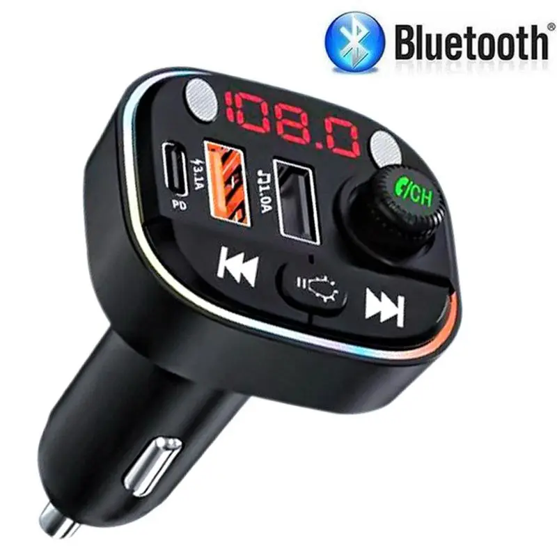 [2026]Bluetooth FM Transmitter, Bluetooth Car Adapter with Dual USB Charger Wireless Radio Car Kit MP3 Player Support TF Card & USB Disk, Hands-Free Calling, 7 Colors Led Backlit Light, Black