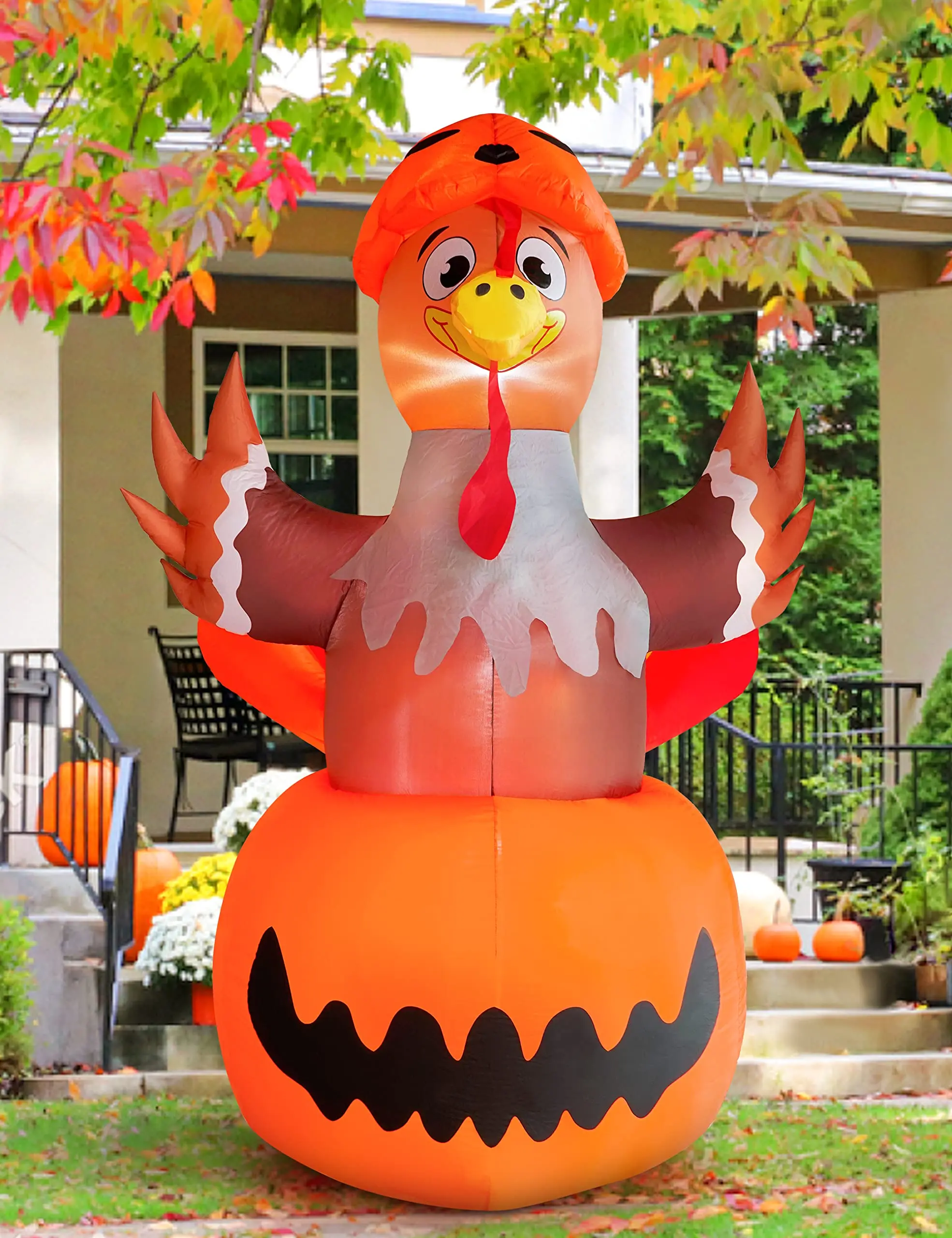 8FT Thanksgiving Outdoor Inflatable Turkey with Pumpkins and Build-in LED Lights，for Yard, Lawn, Garden, and Holiday Parties