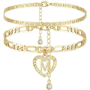 Ankle Bracelets for Women 14K Gold Plated Layered Figaro Chain Handmade Layered Heart Initial Anklets Personalized Gifts for Women