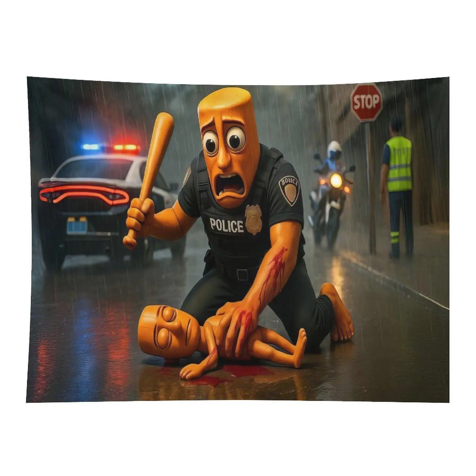 Surreal Moody Rainy Urban Street Scene Wall Tapestry Cartoon Wooden Man Character Police Incident With Police Car Motorcycle And Wet Reflecting City Road For Unique Room Art