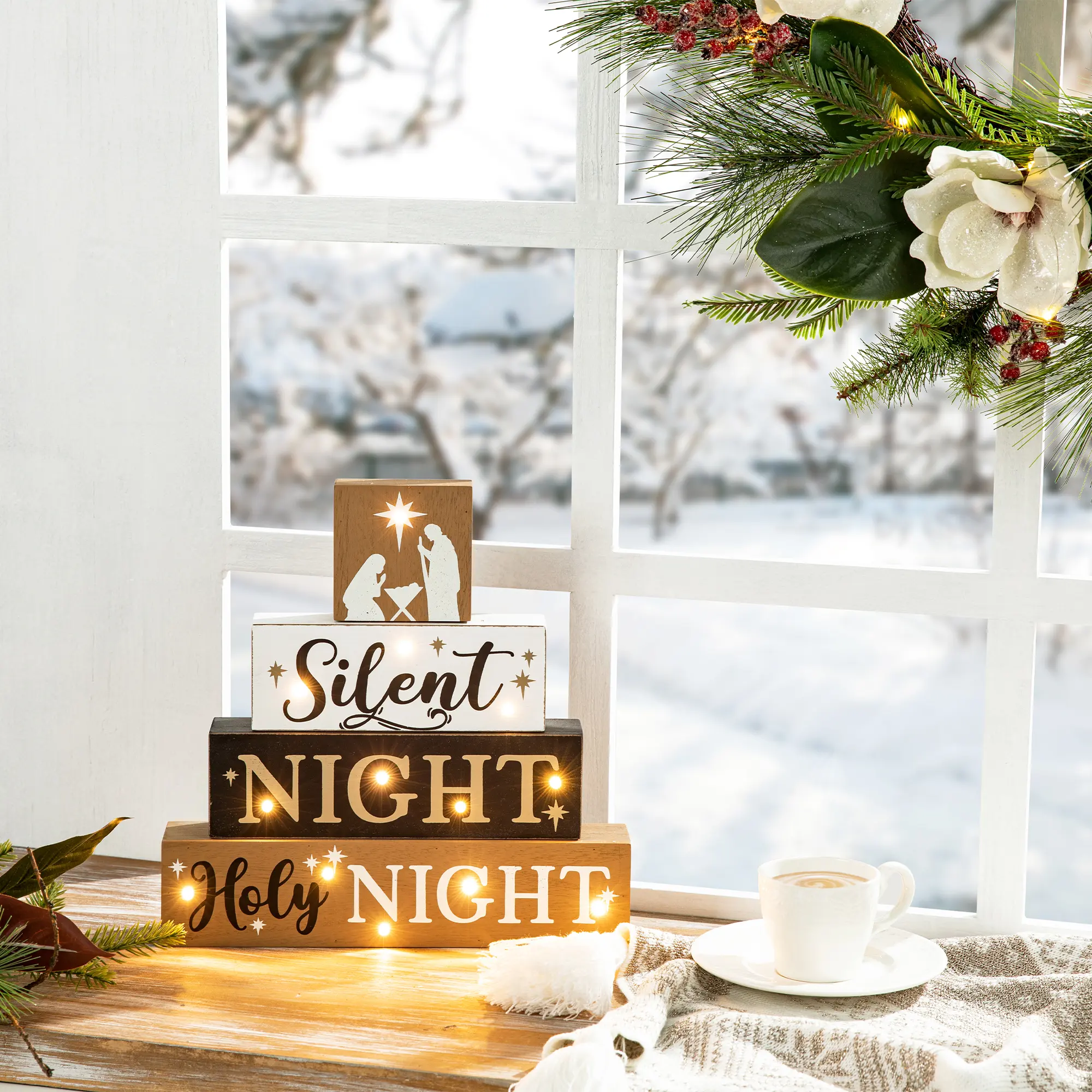 【Christmas in July】 Glitzhome 12"H Lighted Wooden Nativity Block Word Sign