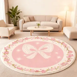 1pc Sweet Pink Bedroom Decoration Bedside Floral Rug Home Decor Rug Dreamy Purple Living Room Bay Window Carpet Bow Round Plush Carpet Ins Fluffy and Soft Dressing Table Non-slip Floor Mat Decorative Rug Mat