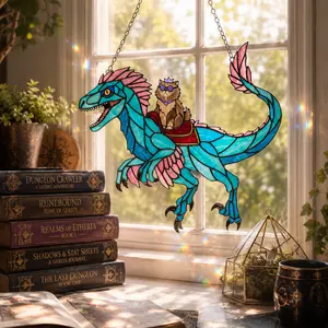 Princess Donut and Mongo Acrylic Suncatcher, Dungeon Crawler Carl Inspired Window Hanging, LitRPG Reader Gift, Fantasy Book Lover Decor, Colorful Cat and Dinosaur Wall Art, Acrylic Sun Catcher, Reader Merch, Booktok Gift