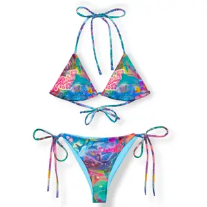 Y2K Coconut Girl Rave Bikini 2-Piece Camo Print Swimwear, Dolphin Hibiscus Summer String Bikini set, Gift for Girlfriend, Retro Beach Hawaii Outfit