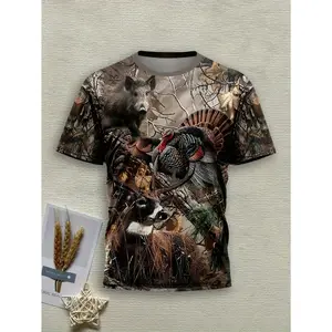 Hasna Men's 3D Printed Hunting & Wilderness Camo T-Shirt with Turkey, Deer, Bear & Forest Scenes - Realistic Design, Breathable Round Neck Casual Shirt for Hunting Trips & Casual Attire, Machine Washable Camouflage Apparel