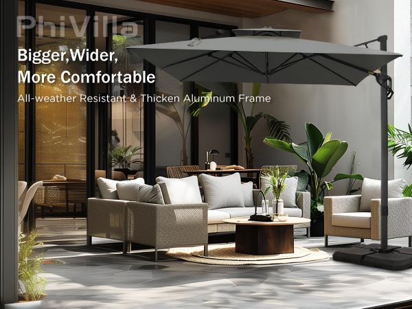 PHI VILLA 9ft X 12ft Cantilever Patio Umbrella with 360° Rotation, Heavy Duty Hydraulic Double Umbrella Windproof for Outdoor Use, Summer's Day