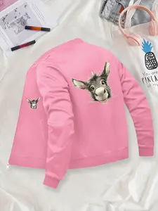 Cute Funny Donkey Baseball Jacket, Casual Zipper Jacket, Small Stand Collar, Polyester Knit Fabric, Fitted Design, All Seasons Pocket Details