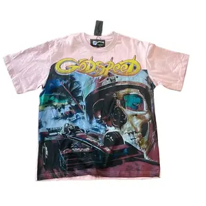 Men's Graphic T-shirt with God Speed Design and Skull Artwork in Pink Color